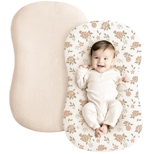 Konssy Muslin Baby Lounger Cover 2 Pack, 100% Cotton Newborn Lounger Cover, Soft and Breathable Baby Nest Slipcover for Boys Girls (Petal,Cream)