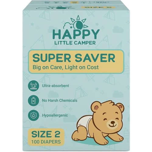 Happy Little Camper Super Saver Diapers, Size 2, 100 Count | Budget-Friendly Disposable Baby Diapers for Sensitive Skin | Hypoallergenic, Fragrance-Free, Ultra Absorbent