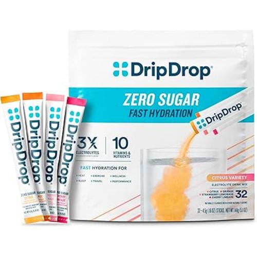 DripDrop Sugar Free Hydration Packets - Zero Citrus Variety Pack - Single Serve Electrolytes Powder Drink Mix - Cherry Limeade, Citrus, Orange, Strawberry Lemonade - Non-GMO, Gluten Free - 32 Sticks