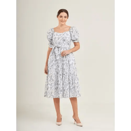 Ann Midi Dress with Nursing Zippers in Blue Toile Butterfly
