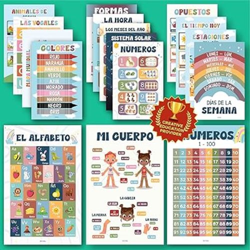 EXCOOL CLUB 16 Spanish Classroom Posters For Elementary - Colorful Bilingual Educational Posters For Toddlers 1-3, Laminated Learning Poster Preschool Must Haves, Abecedario Para Niños En Español