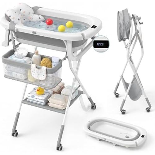 Orzbow Collapsible Baby Bathtub with Stand, Adjustable Height,Wheels Design