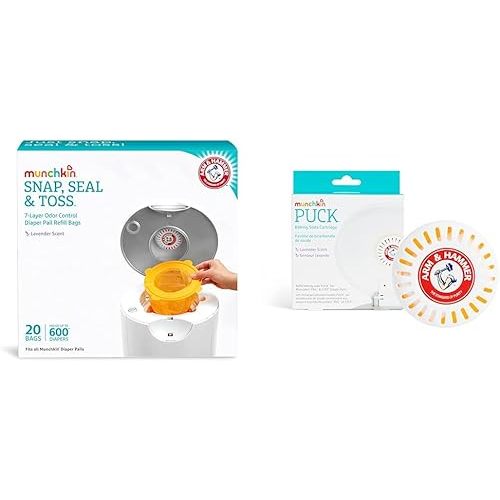 Munchkin® Refill Set for STEP™ and PAIL™ Diaper Pails - Includes 20 Arm & Hammer Snap, Seal & Toss™ Refill Bags and and 1 PUCK™ Baking Soda Cartridge