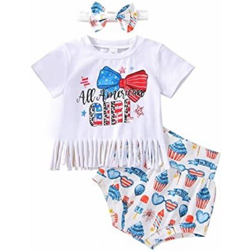 FIOMVA Newborn Baby Girl Clothes Letter Print Tassel T-shirt Top Shorts Headband 3Pcs Summer Outfit Set for Infant 0-24M