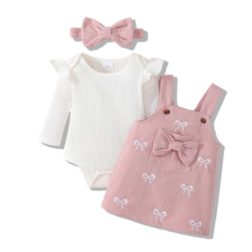 Newborn Baby Girl Outfits Long Sleeve Romper Overall Dress Set | Fall Winter Clothes,3 Piece Corduroy Ruffle Romper Suspender Skirt Set,Bow Headband,Thanksgiving Christmas Photo Outfit