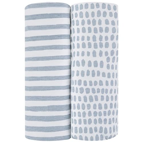 Ely’s & Co. Patent Pending Waterproof Pack N Play, Mini Crib Sheet 2-Pack Set for Baby Boy - 100% Cotton, Jersey Knit Cotton Sheets with Waterproof Lining — Misty Blue, Stripes and Splashes