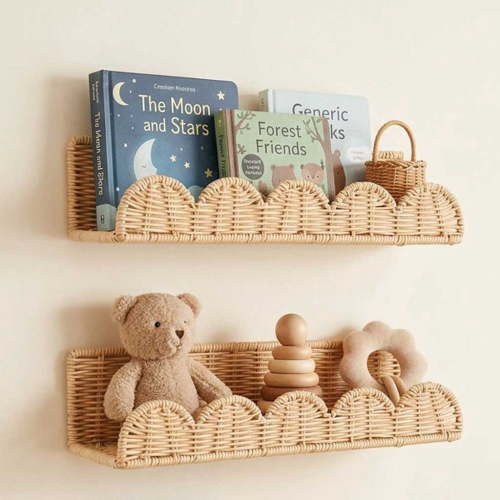 Nursery Book Shelves Set of 2 - Scalloped Floating Bookshelf for Kids Rooms 15.55" W, Boho Wall Decor
