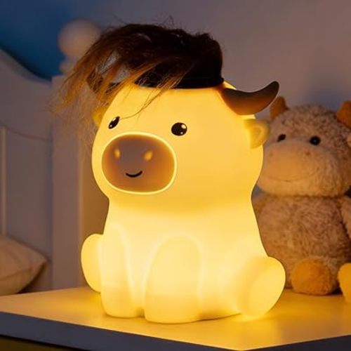 Amaredom Highland Cow Night Light, Cute Silicone Cow Lamp, Dimmable Rechargeable LED Bedside Lamp with 20 Minutes Timer & Tap Control for Nursery, Baby Girls, Women, Bedrooms, Living Room