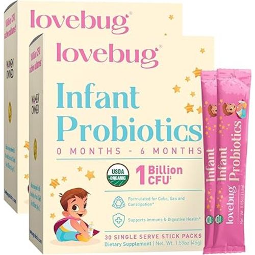 LOVEBUG Infant Probiotics 0-6 Months - USDA Organic Probiotics for Babies, Supports Baby Gas, Colic, Diarrhea and Newborn Constipation Relief, Allergen & Sugar Free, Tasteless Powder, 60 Pack