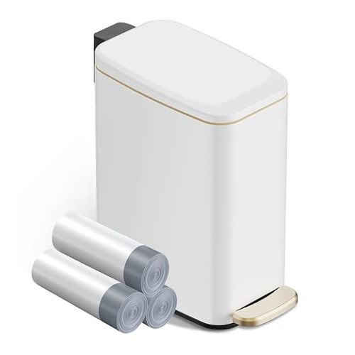 Small Bathroom Trash Can with Lid Soft Close, Step Pedal, 6L / 1.6 Gal Stainless Steel Garbage Bin with Removable Inner Bucket, Slim Wastebasket for Narrow Spaces (White)