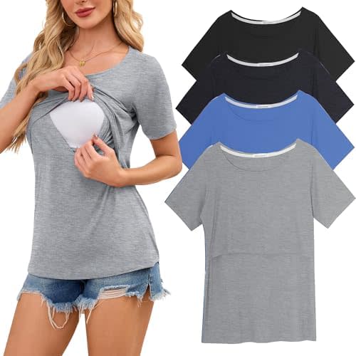 Smallshow Women's Nursing Tops Ribbed Short Sleeve Breastfeeding Shirts 4 Pack
