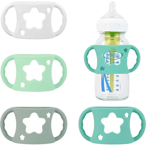 4 Pack Baby Bottle Handles, Silicone Bottle Handles for Dr Brown Wide-Neck Baby Bottles (White+Blue+Green+Grey)