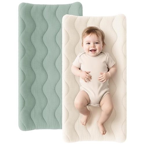 Konssy Waterproof Muslin Changing Pad Cover 2 Pack, 100% Cotton (Fog Green,Cream)