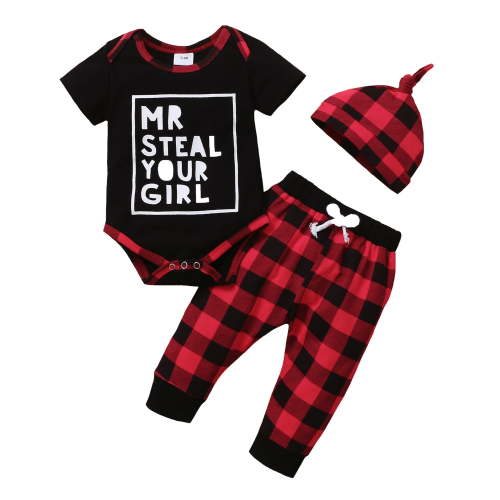 Newborn Baby Boys Clothes Baby Boys Outfits Short Sleeve Letter Print Romper Top Plaid Pants Hat 3PCS Boys 3PCS Clothing Set Black 3-6 Months