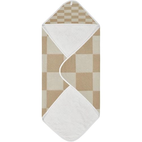 Checkered Beige Baby Bath Towel, Hooded Baby Towel for Newborn 30 x 30 in - Muslin Cotton Baby Towels for Infant, Toddler and Kids