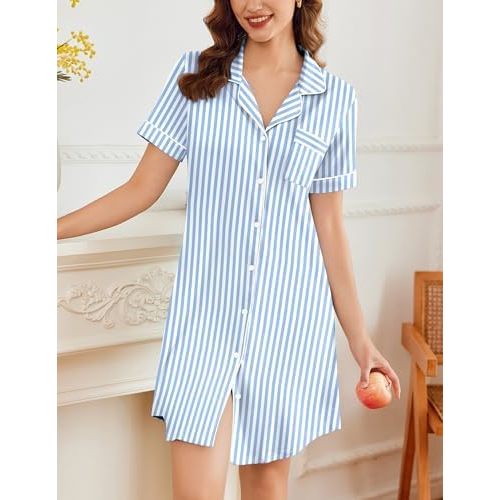 Ekouaer Nightgowns for Women Button Down Sleepshirt Short Sleeve Nightshirt Boyfriend Pajamas V Neck Nightdress S-XXXL