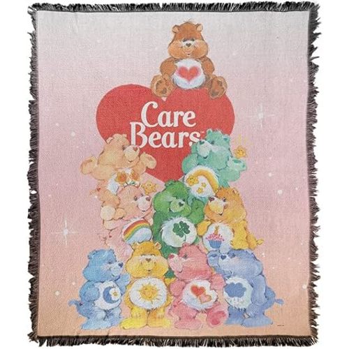 LOGOVISION Care Bears Blanket, 50" x 60" Beary Big Pile Woven Tapestry Cotton Blend Fringed Throw Blanket