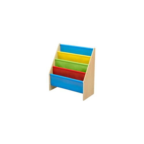 Delta Children Sling Book Rack Bookshelf, 4-Tier Wooden Shelf with Soft Fabric Pockets, Ideal for Playroom, Living Room, Basement, or Bedroom