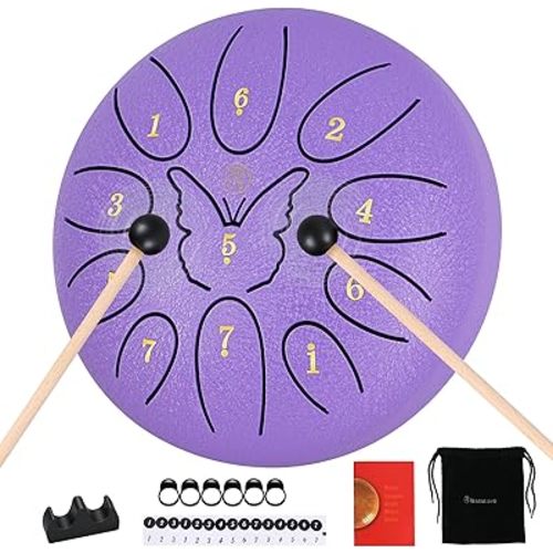 RANMING 6 Inch Steel Tongue Drum 11Note C Key Tongue Drum Kids & Adult Handpan with Gig Bag Music Book Mallets Finger Loops Mallets Stand Highlight Stickers for Meditation,Yoga & Camping Purple