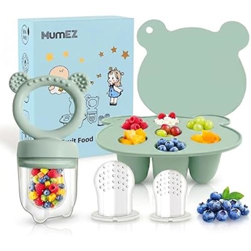 Baby Fruit Feeder Pacifier - Convenient Food Feeder Set, Food Dummy Feeder, Food Freezer Trays Included（Green）