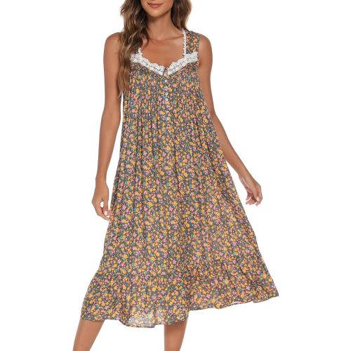 AVIIER Cotton Nightgowns for Women Sleeveless House Dress Ladies Long Nightdress with Pockets S-XXL