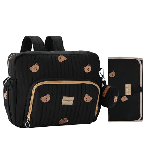 GOBABYMART Diaper Bag Backpack, Medium Maternity baby bag & Changing Pad, Insulated Pockets, Stroller Straps & Pacifier Case (Medium - Black Bears)