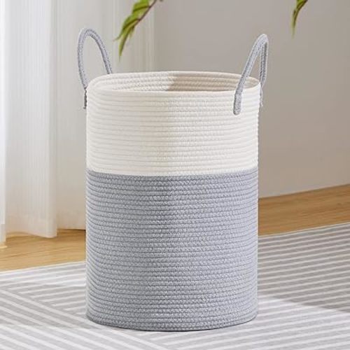 VIPOSCO Large Laundry Hamper, Tall Woven Rope Storage Basket for Blanket, Toys, Dirty Clothes in Living Room, Bathroom, Bedroom - 72L Grey & White