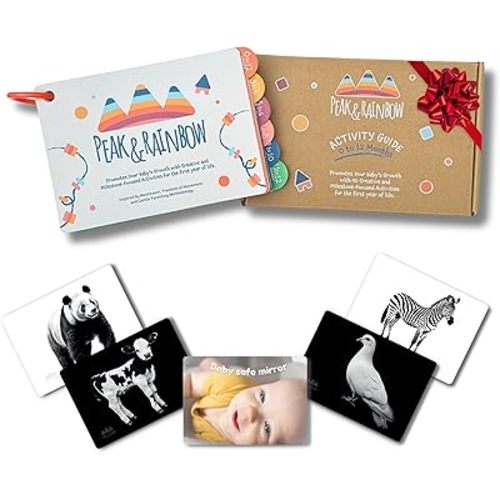 Montessori Baby Activity Cards 0-12 Months | 40+ Creative Playtime Activities to Stimulate Development for Babies| Includes High Contrast Cards and Tummy Time Mirror| Baby Must Haves| New Parent Gift