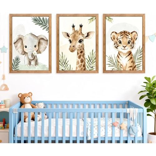 3 Set Safari Nursery Wall Decor, 11x16 Inch Framed Cute Giraffe Elephant Tiger Print Sign, Jungle Theme Cartoon Animal Wall Art for Baby Girl Boy Room Decoration, Natural