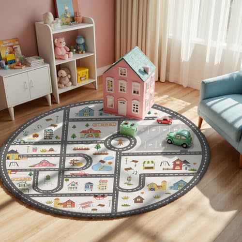 3.3ft Round Kids Town Road Car Play Rug - Non-Slip Faux Wool Carpet with Interactive City Map Design, Educational Toy Vehicle Mat for Kids, Bedroom Playroom Nursery Gift.