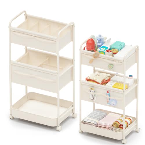 Baby Diaper Caddy, Premium Metal& Felt Movable Cart with Dividers for Newborn Nursery Essentials, Large Capacity Rolling Diaper Storage Caddy Organizer for Changing Table &Crib, Easy Assembly