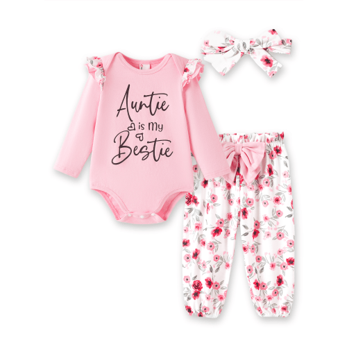 PatPat Baby Clothes for Girls Long Sleeve Ruffle Romper Floral Pants with Cute Headband Pink 0-3 Months