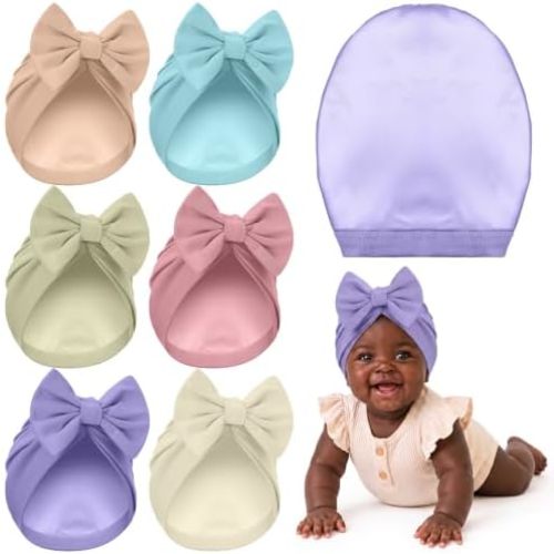 6 Pcs Newborn Satin Bonnet for Infant Toddler Silky Satin Lined Stretchy Baby Turban Hats with Bow for 0-6 Months