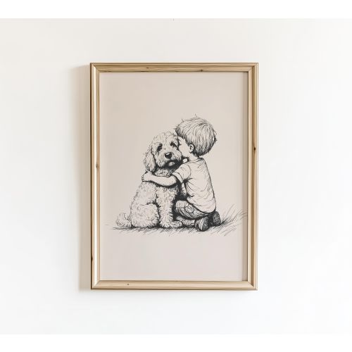 Little Boy and Goldendoodle Dog Poster Art, Nursery Vintage Drawing, Pet Retro Print Sketch