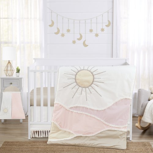 Boho Desert Sun Girl 4-piece Nursery Crib Bedding Set - Blush Pink Mauve Gold Ivory Taupe Bohemian Mountains Southwest Nature