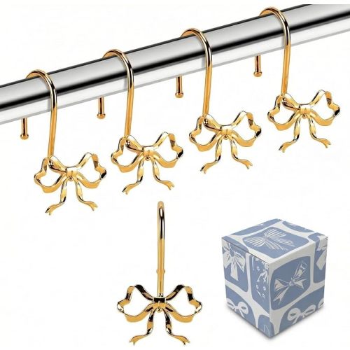Bow Shower Curtain Hooks, 12 Pack Metal Decorative Rings, Rustproof Bow Knot Design for Bathroom Bedroom Living Room Baby Room Nursery Art Decor (Gold 2)