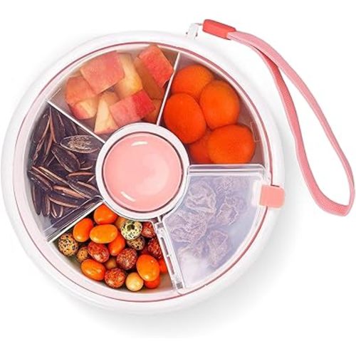Rotating Snack Spinner Storage Container With 5 Compartments - Multifunctional Food Box for Party Veggies, Candy, Nuts, Chips (Pink)