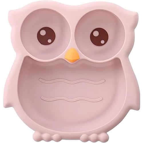 PandaEar Toddler Suction Plates, Stay Put Divided Baby Plates, Owl Shape BPA-Free 100% Food-Grade Silicone Unbreakable Baby Plate, Baby Feeding Supplies (Pink)