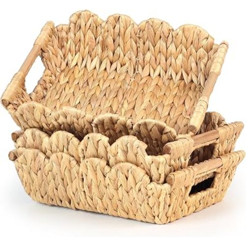 Scalloped Edge Wicker Basket Set of 3, Water Hyacinth Basket for Organizing and Decor, Hand-Woven Wicker Storage Baskets with Built-In Handles for Nursery, Gift, Laundry... 3 Pack (Light Brown)