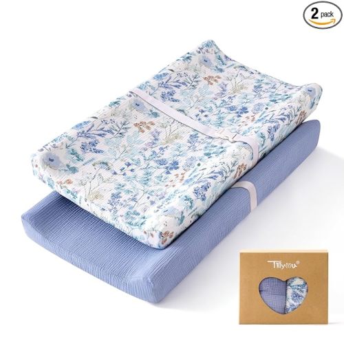 TILLYOU Muslin Changing Pad Cover for Baby Girls Boys, Soft and Breathable Cotton Diaper Changing Table Cover, 2 Pack(Blue Flower)