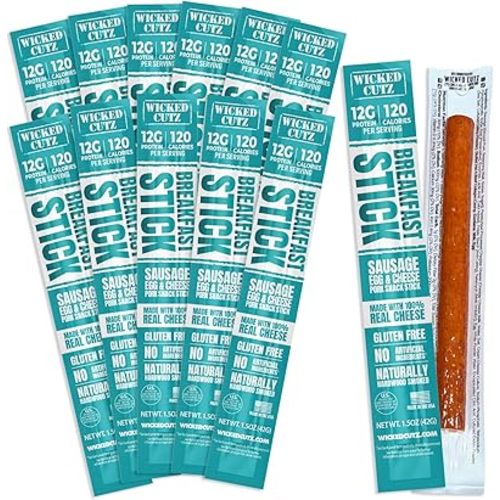 Wicked Cutz Sausage Egg and Cheese Stick, 12g Protein Per Gluten Free Breakfast Stick, USA Made High Protein Carnivore Snacks, Breakfast Meat Sticks (12 Sticks)
