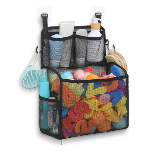 Goowin Bath Toy Storage Holder, Large Openings Bath Toy Organizer, Large Capacity Mesh Bathtub Toy Storage, Multi Use Bath Tub Toy Holder for Bathroom (Black)