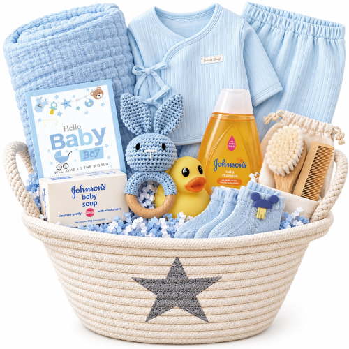 New Baby Boy Gift Basket (9 pc) Light Blue Baby Gift Set. Welcome Baby Care Package All wNewborn Essentials Bundle for Expecting Moms Baby Shower, After Labor Hospital Gift for New Mother and Baby