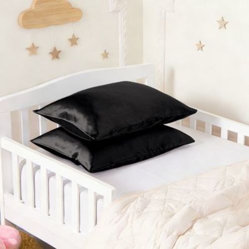2 Pack Silky Satin Toddler Pillowcases, Super Soft and Silky Travel Pillow Covers with Envelope Closure, 14x20 Inches, Black - NTBAY