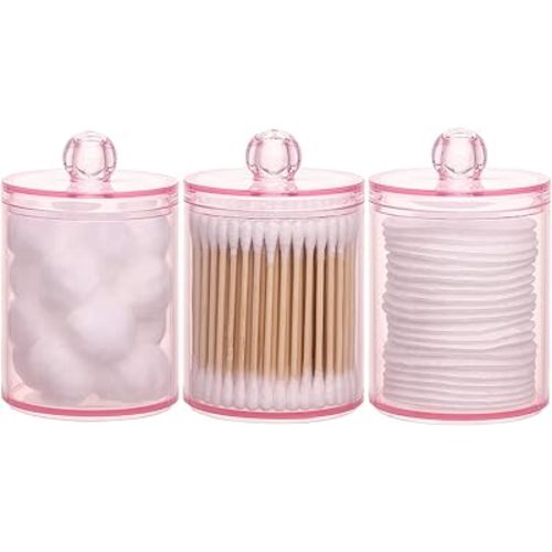 Tbestmax 3 Pack Cotton Swab Ball Pad Holder, 10 Oz Qtip Apothecary Jar Pink Makeup Organizer, Bathroom Containers Dispenser