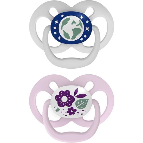Dr. Brown's Advantage Glow-in-the-Dark Baby Pacifier, Fully Symmetrical Soother with Soft Silicone Bulb, Purple Nature, 6-18m, BPA Free, 2 Pack