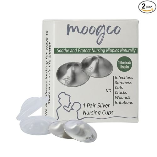 MOOGCO The Original Silver Nursing Cups - 999k Silver Nipple Cups - Nipple Shields for Breastfeeding Newborn – Protective Silver Nipple Covers for Nursing Moms (TriLaminate Regular)