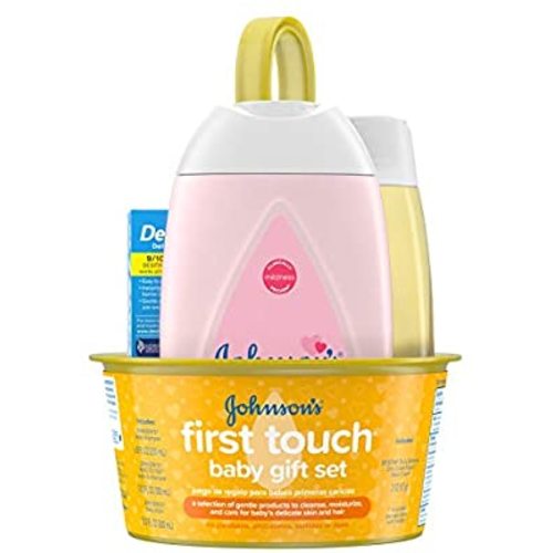 Johnson's First Touch Baby Gift Set, Baby Bath, Skin, & Hair Essential Products, Kit for New Parents with Wash, Shampoo, Lotion, & Diaper Rash Cream, Hypoallergenic & Paraben-Free, 5 Items