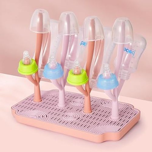 Baby Bottle Drying Rack with Tray – Space Saving Bottle Organizer & Drying Holder for Bottles, Cups, Nipples and Pump Parts – Countertop Rack for Baby Feeding Supplies (Purple/Pink)
