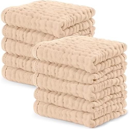 Comfy Cubs Muslin Baby Washcloths 10 Pack - Soft 6-Layer Cotton Wash Cloths for Sensitive Skin - 10"x10" Large, Gentle, Absorbent Infant Essentials for Newborn and Toddlers - Cream